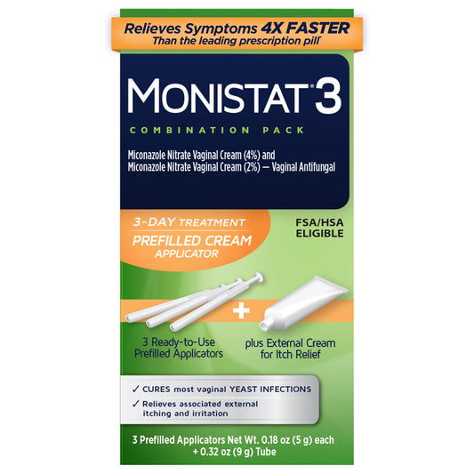 Monistat envase frontal mostrando el kit y beneficios rápidos
