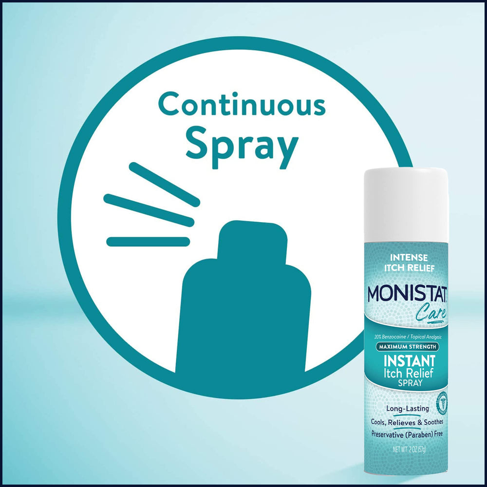 Monistat spray junto a objetos para comparar tamaño portátil y conveniencia