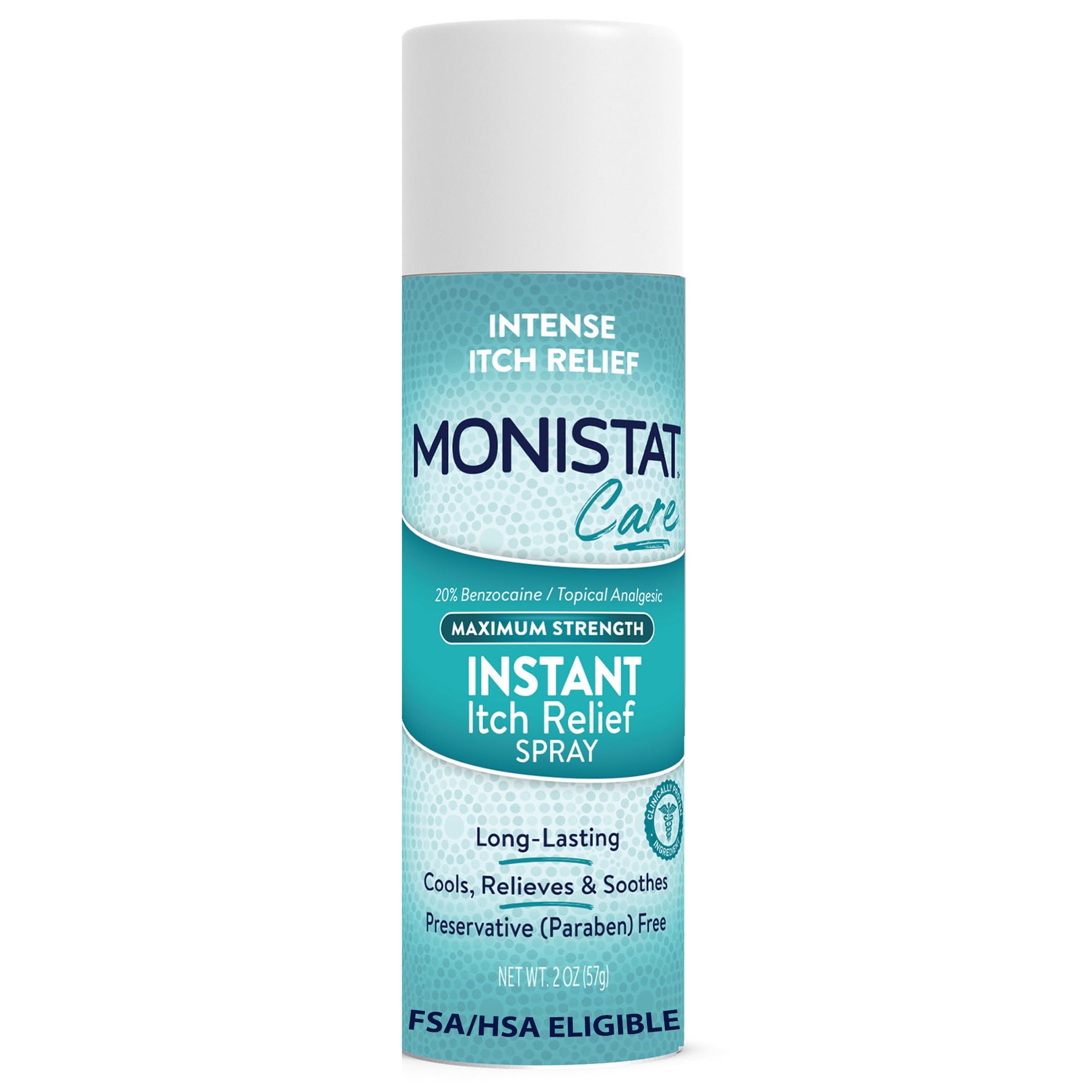 Monistat spray frente del envase mostrando diseño y beneficio alivio rápido