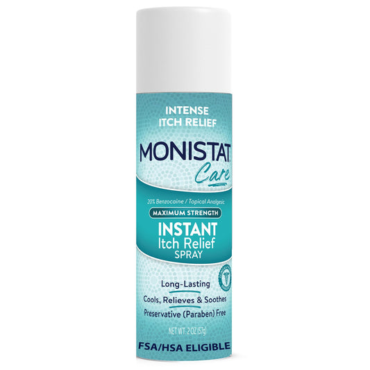 Monistat spray frente del envase mostrando diseño y beneficio alivio rápido