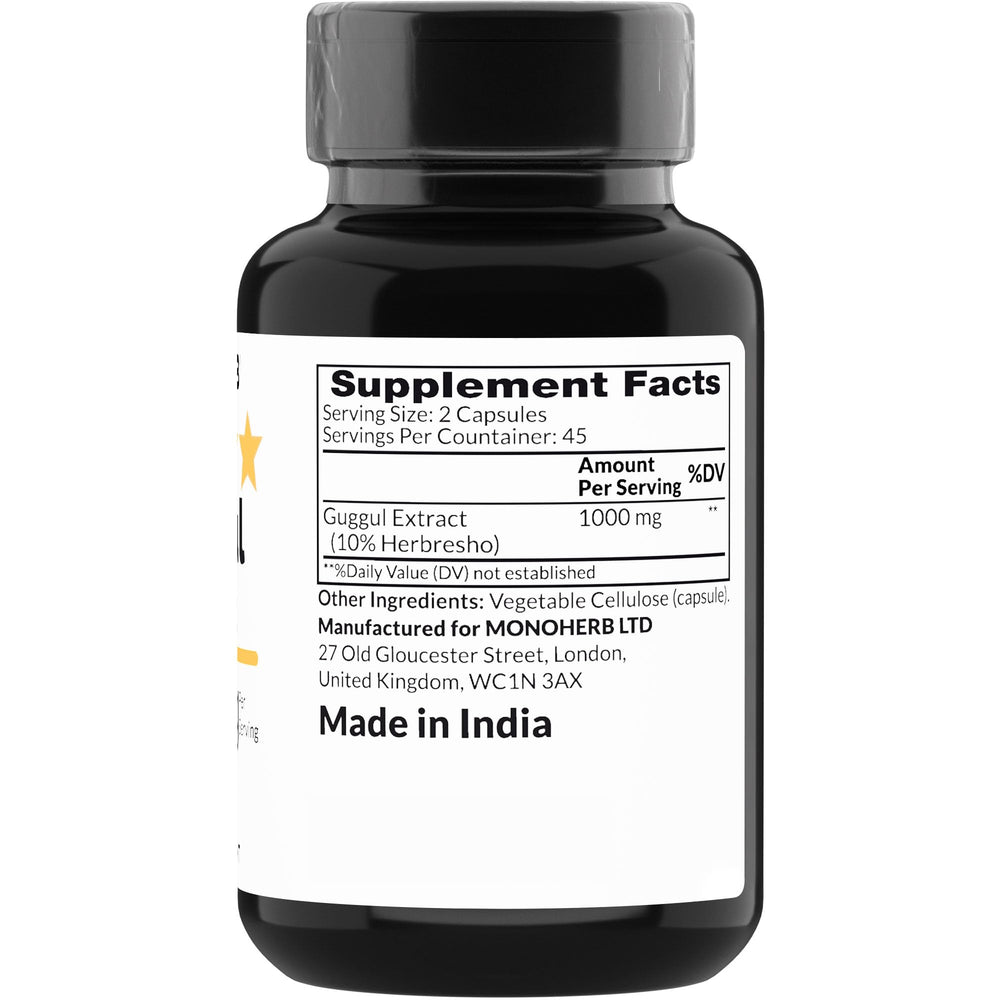 Monoherb Guggul Extract, etiqueta frontal, opción vegetariana y clara.