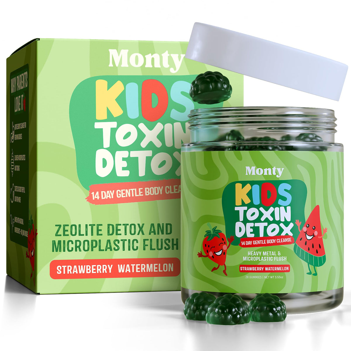 Monty Supplements empaque frontal del producto muestra 14 días y sabor