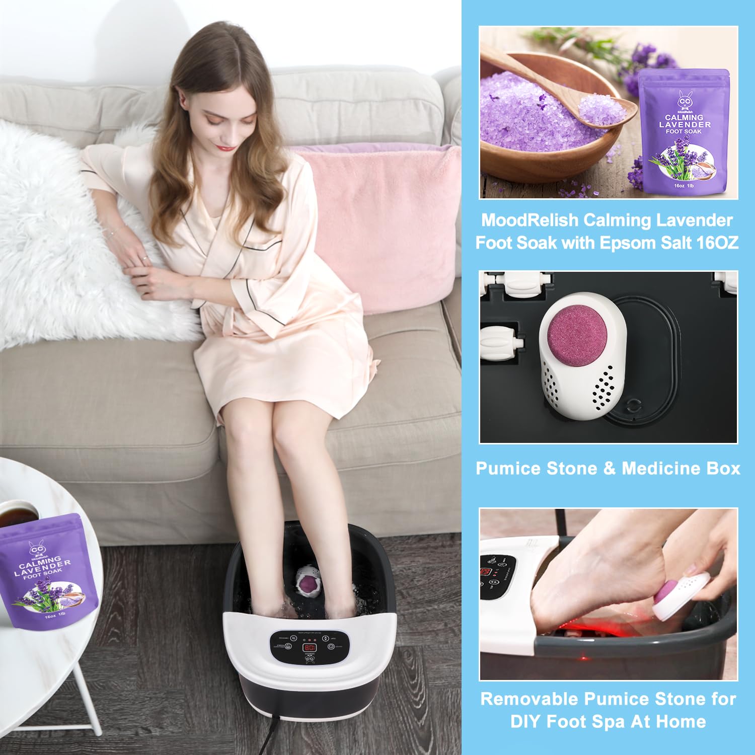 MoodRelish frasco de 16 oz de sales de lavanda junto al spa para aroma y suavidad
