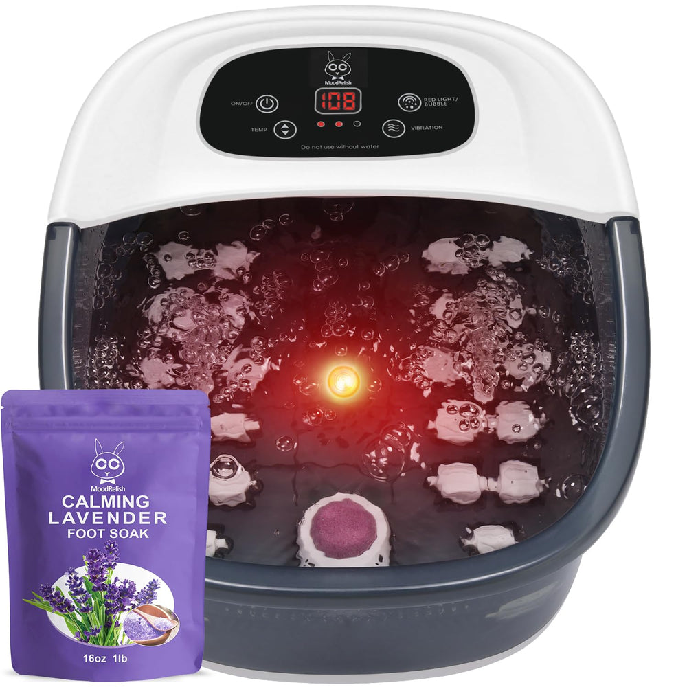 MoodRelish vista frontal del foot spa mostrando cubeta y accesorios, relax inmediato