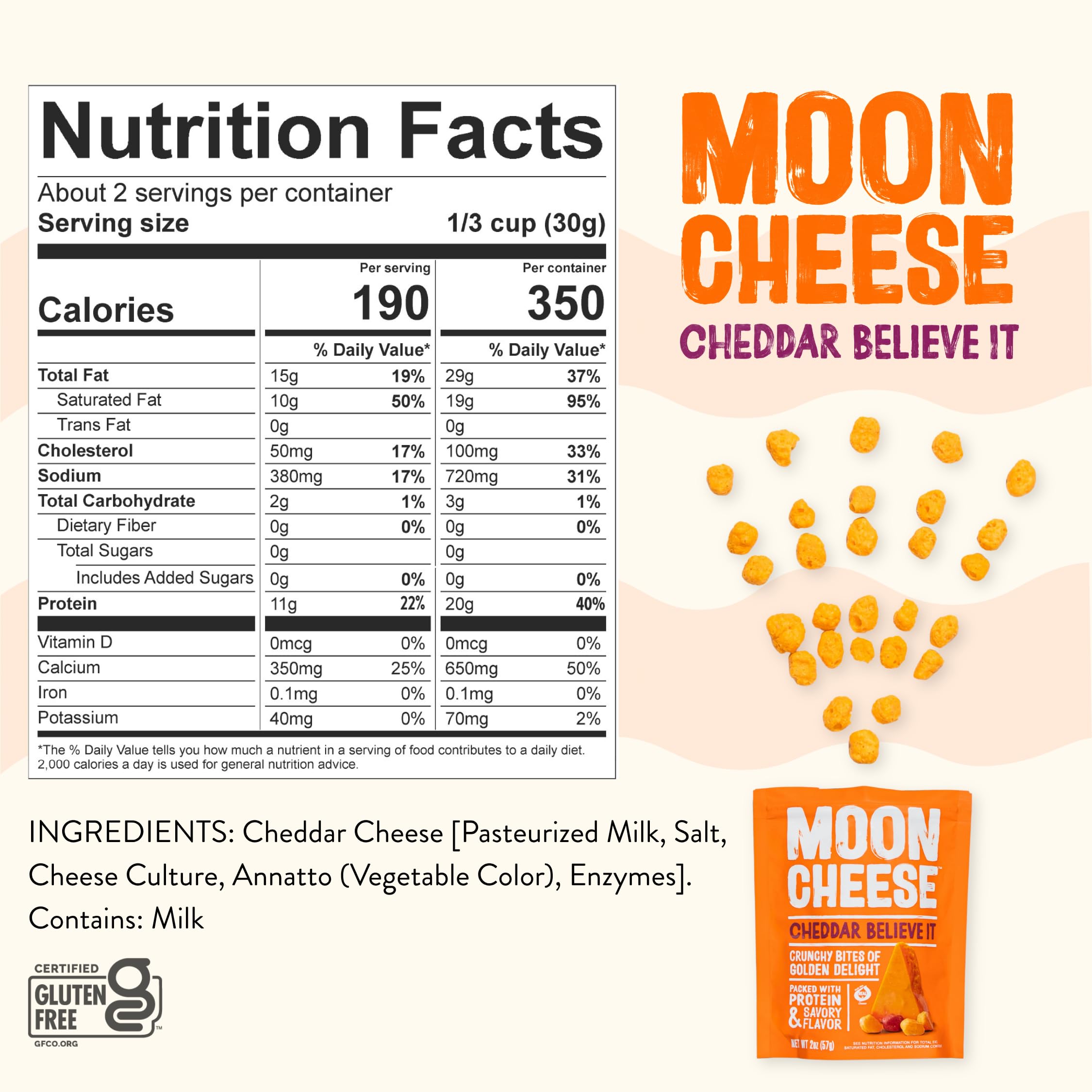 Moon Cheese etiqueta nutricional visible, beneficio información clara
