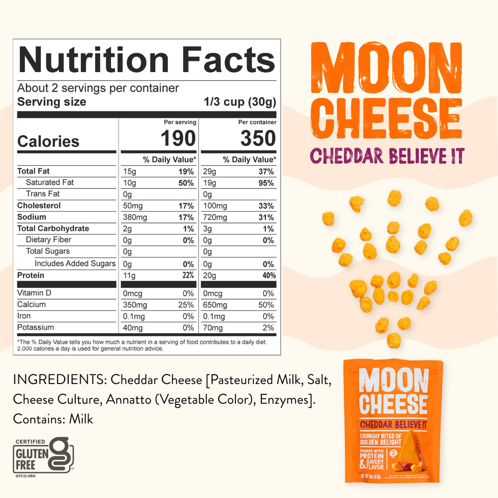 Moon Cheese etiqueta nutricional visible, beneficio información clara