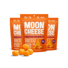Moon Cheese paquete frontal mostrando bolsas y diseño, beneficio transporte fácil