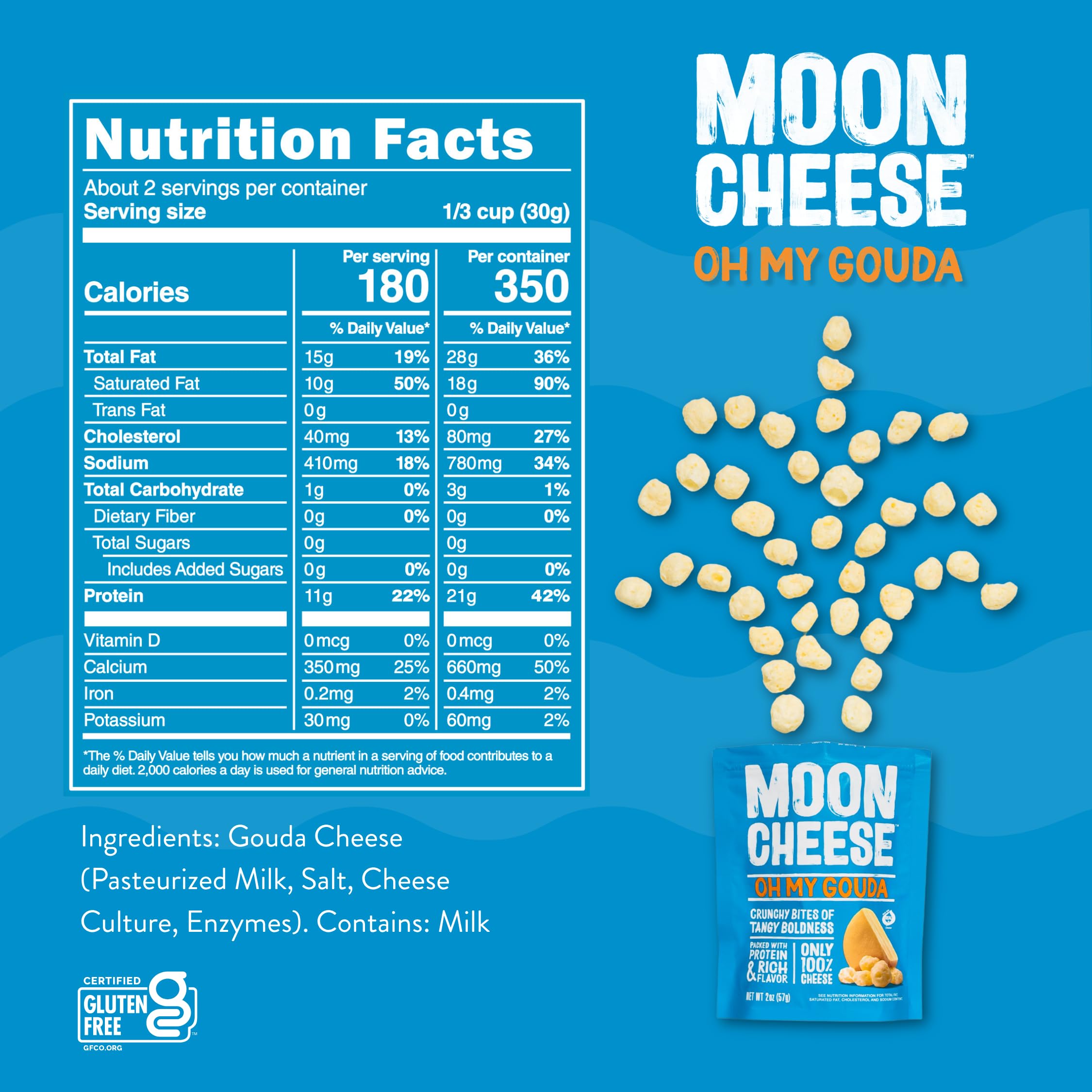 Moon Cheese etiqueta nutricional destacando proteína y contenido bajo en carbohidratos