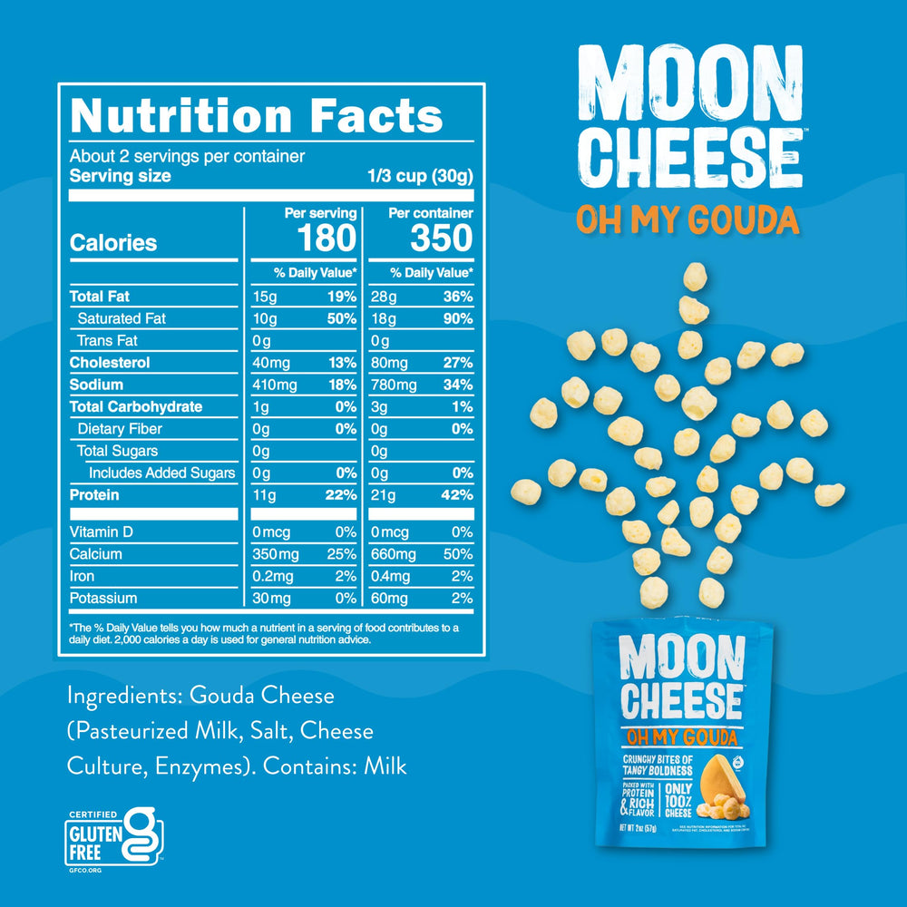 Moon Cheese etiqueta nutricional destacando proteína y contenido bajo en carbohidratos