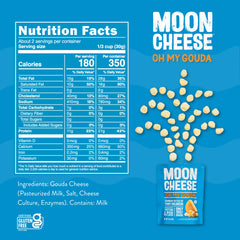 Moon Cheese etiqueta nutricional destacando proteína y contenido bajo en carbohidratos