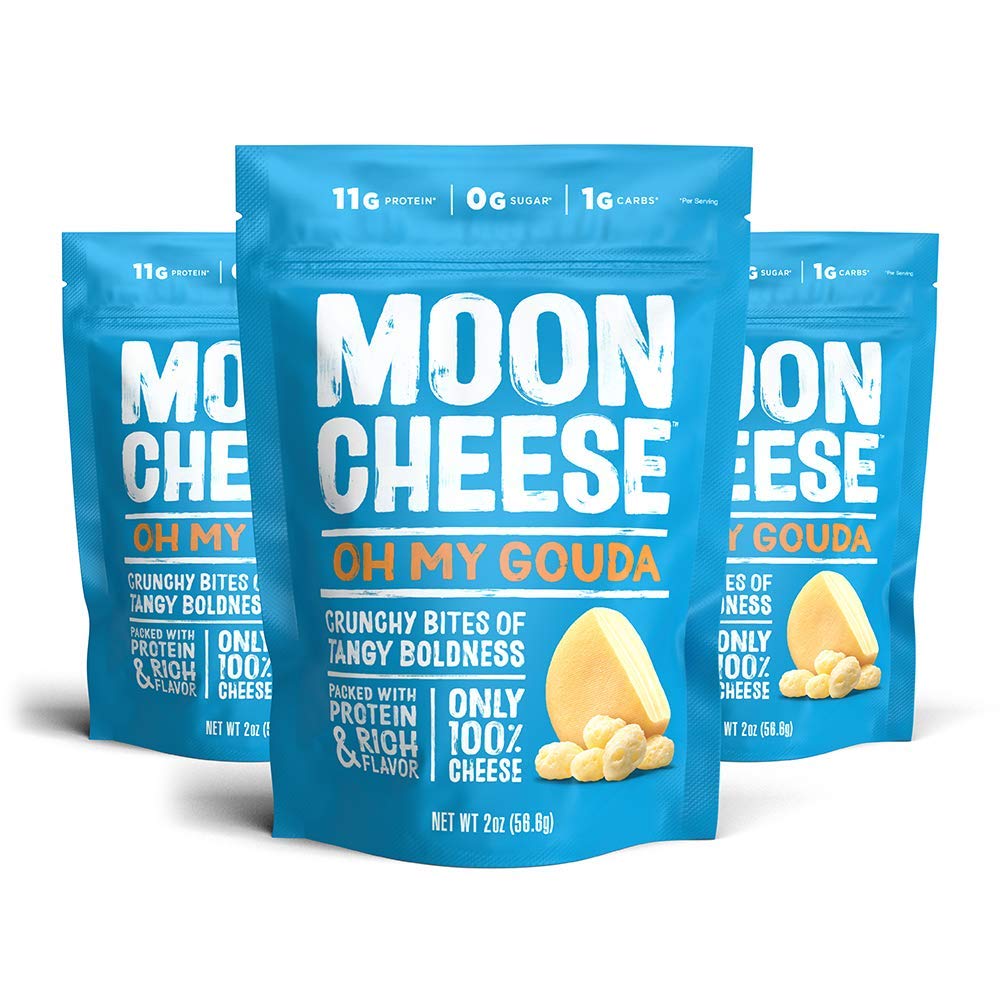 Moon Cheese paquete frontal que muestra tres bolsas y conveniencia