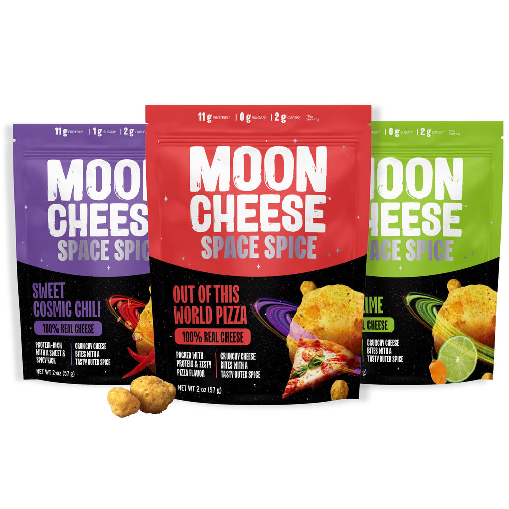Moon Cheese frontal del paquete mostrando variedad y conveniencia