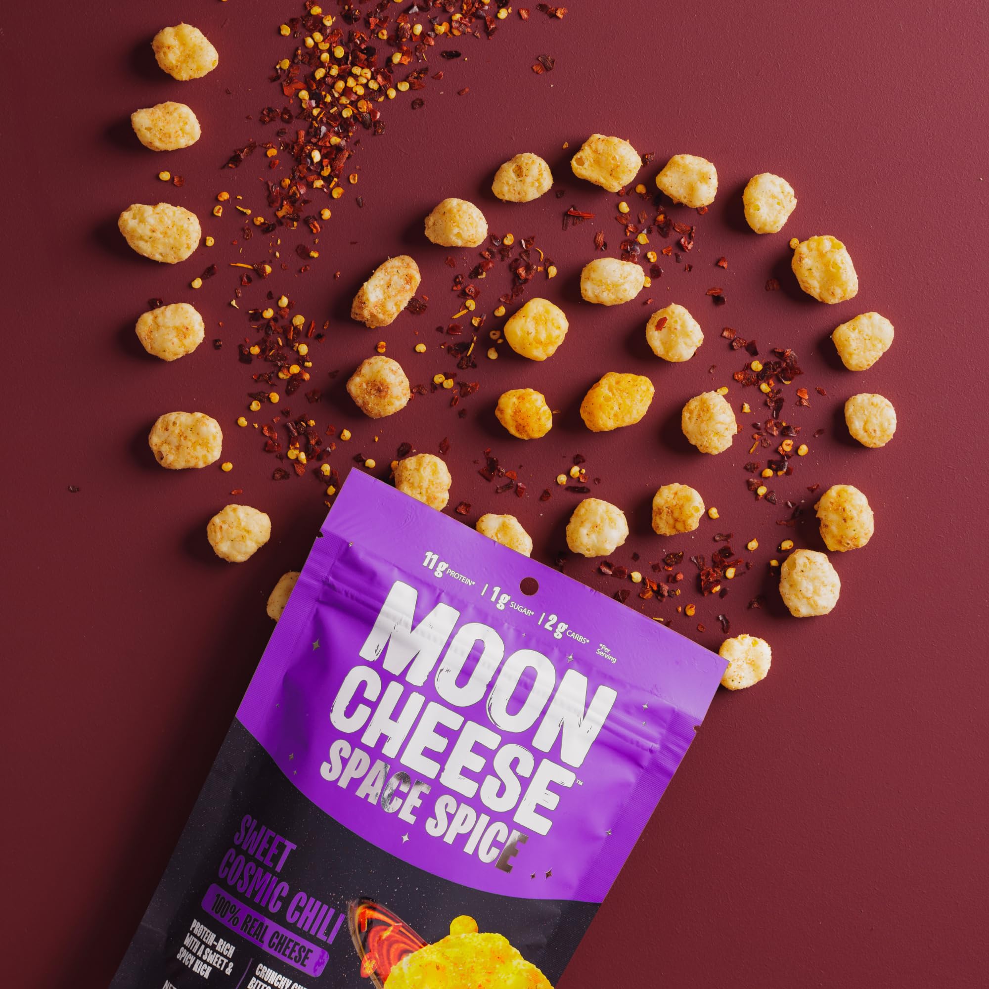 Moon Cheese primer plano de la textura crujiente y sabor intenso