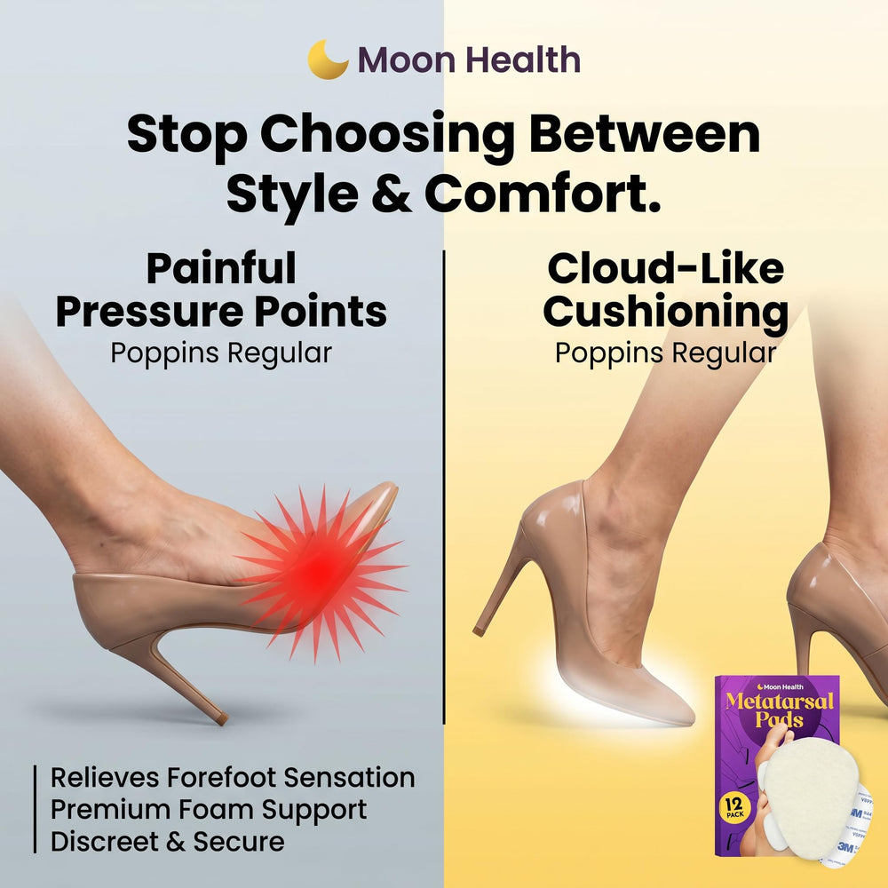 Moon Health almohadilla colocada en tacón mostrando estabilidad y discreción durante el uso