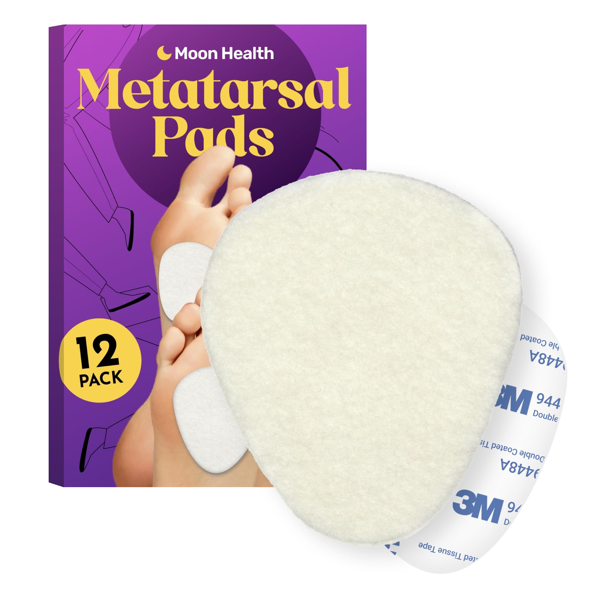 Moon Health vista frontal de almohadilla metatarsal mostrando forma y ajuste para confort