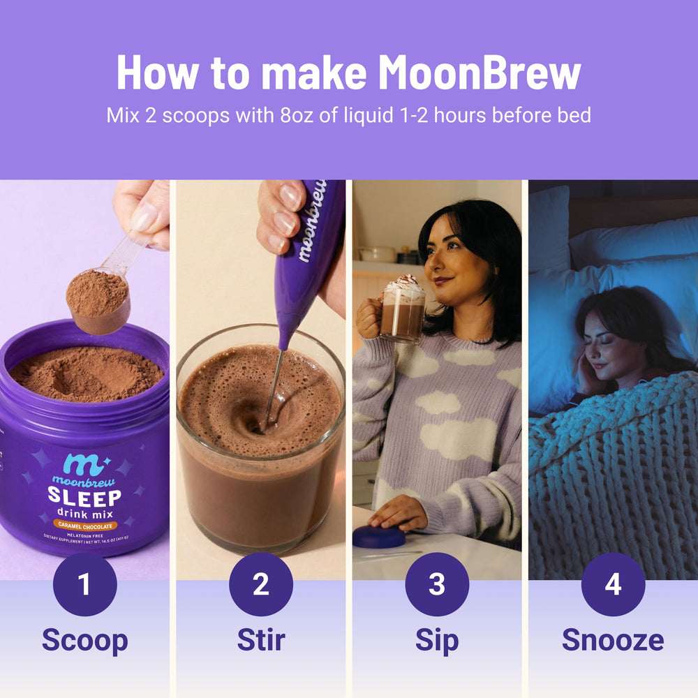 Cucharada medida de MoonBrew listando 1 servicio, beneficio de preparación en 30 segundos