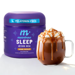 MoonBrew envase frontal mostrando sabor caramelo chocolate y beneficio de ritual nocturno