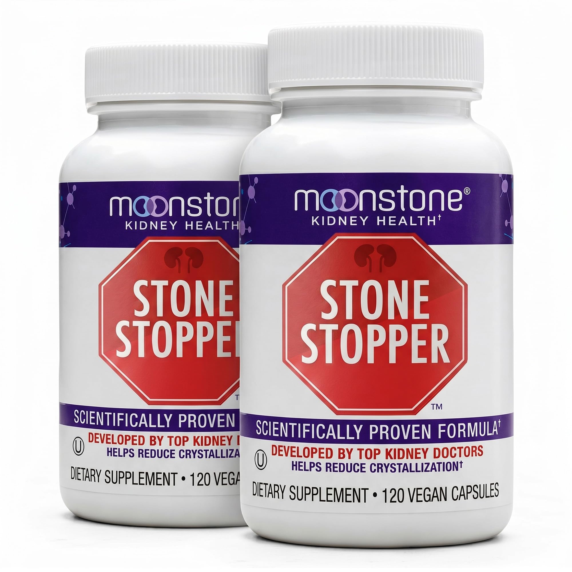 Moonstone frasco frontal mostrando etiqueta y 240 cápsulas, confianza y soporte renal