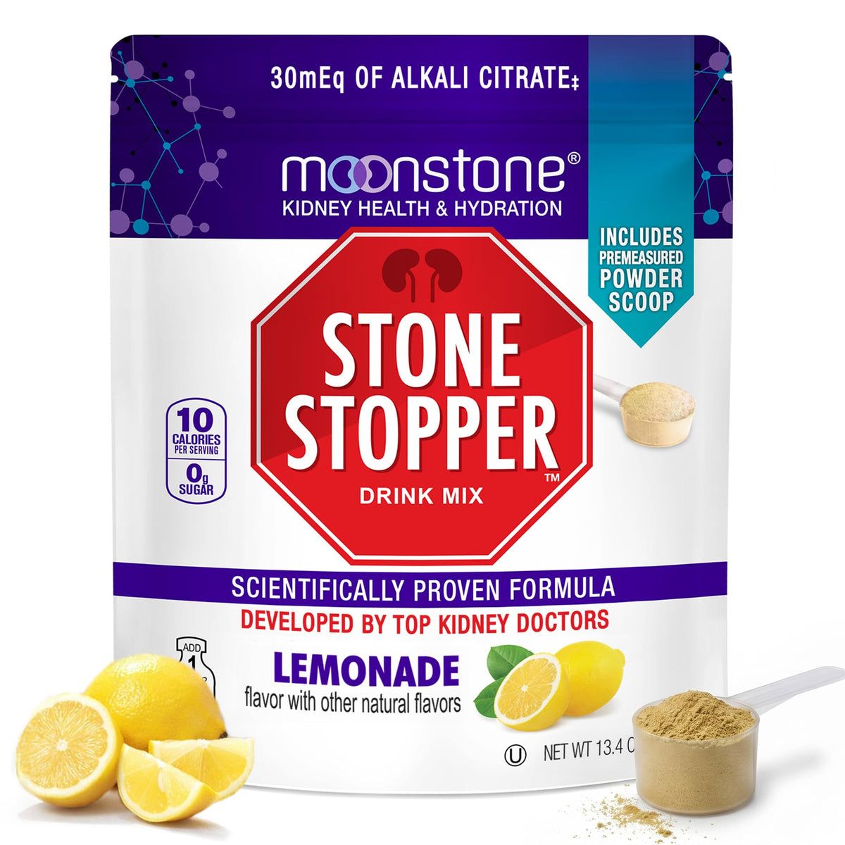 Moonstone envase frontal que muestra sabor limonada y beneficio preventivo