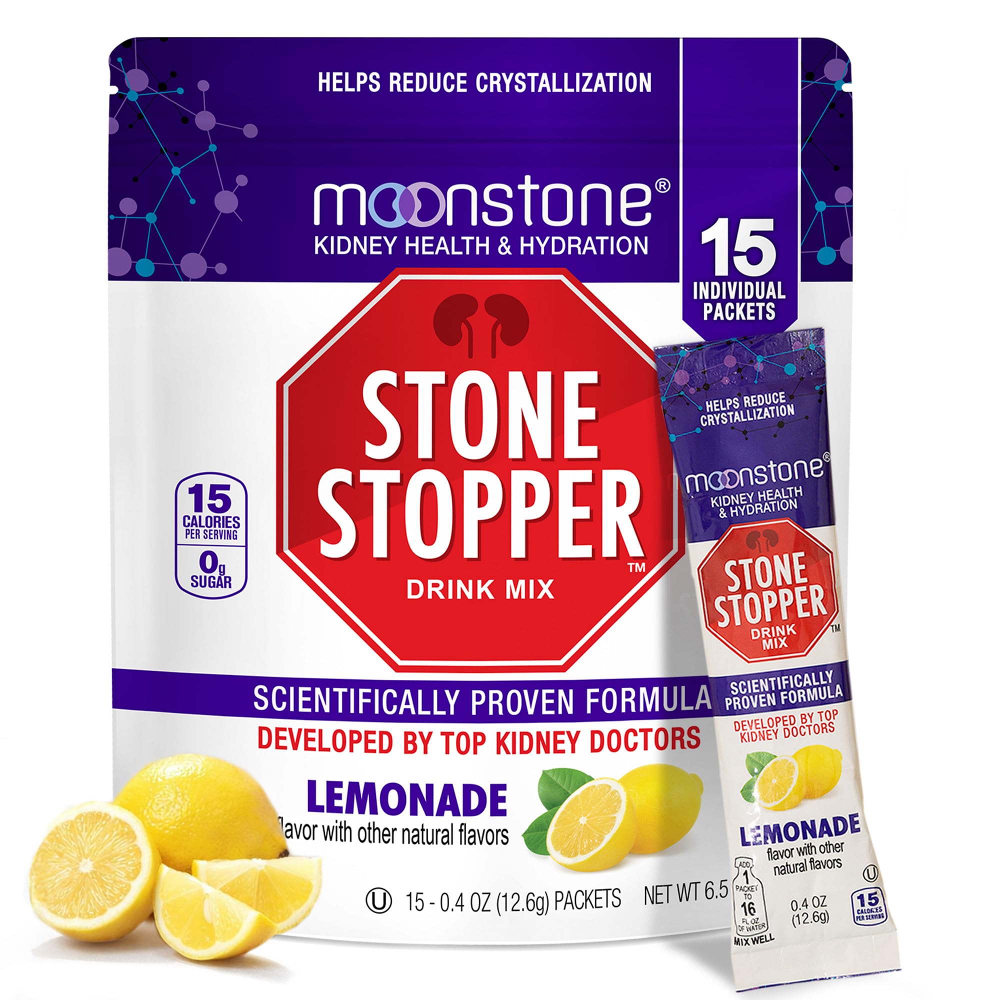 Moonstone piedra stopper frente del empaque mostrando beneficio apoyo renal
