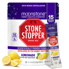 Moonstone piedra stopper frente del empaque mostrando beneficio apoyo renal