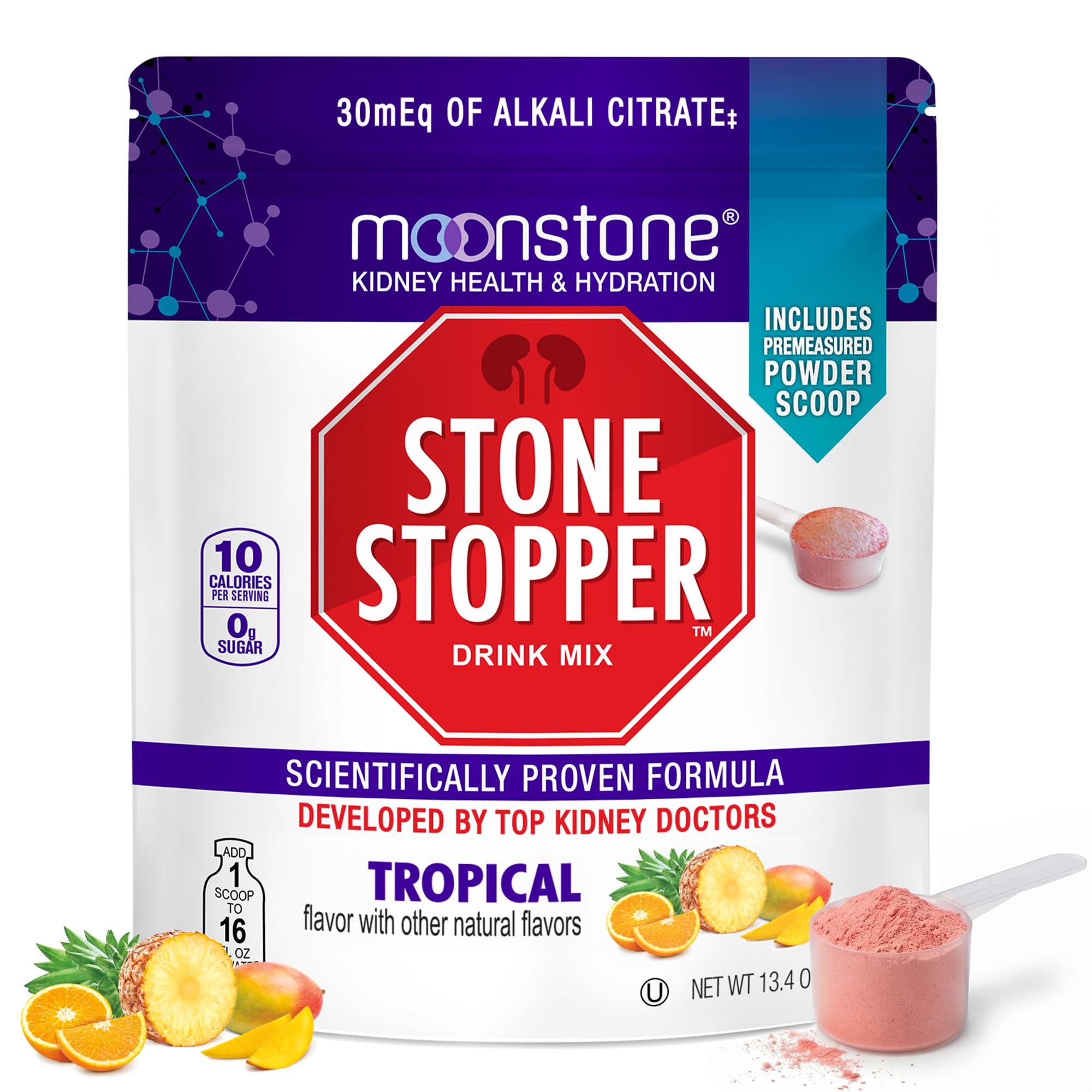 Moonstone frasco y caja frontal mostrando sabor tropical y beneficio preventivo