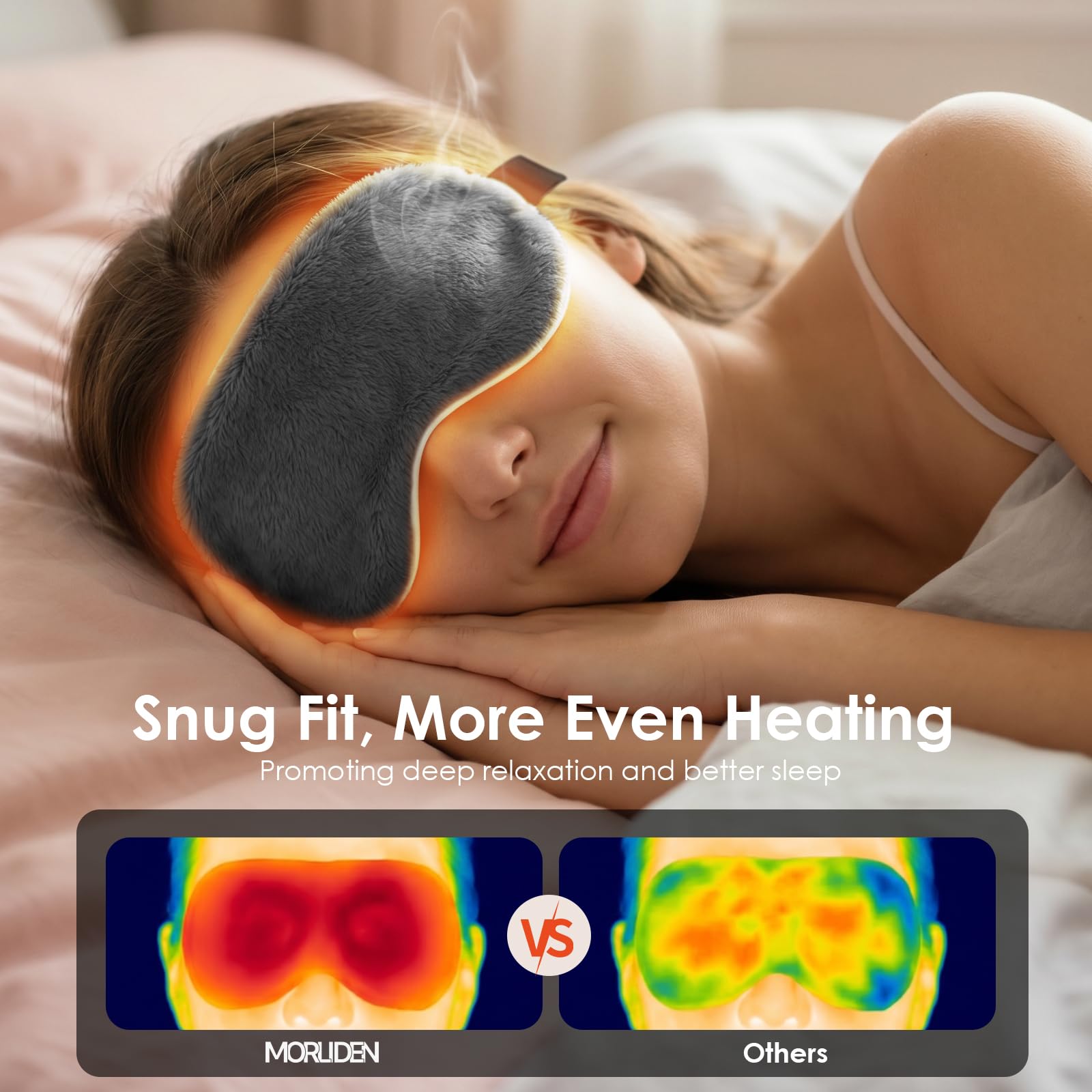 Persona usando MORLIDEN máscara para relajación ocular y confort nocturno
