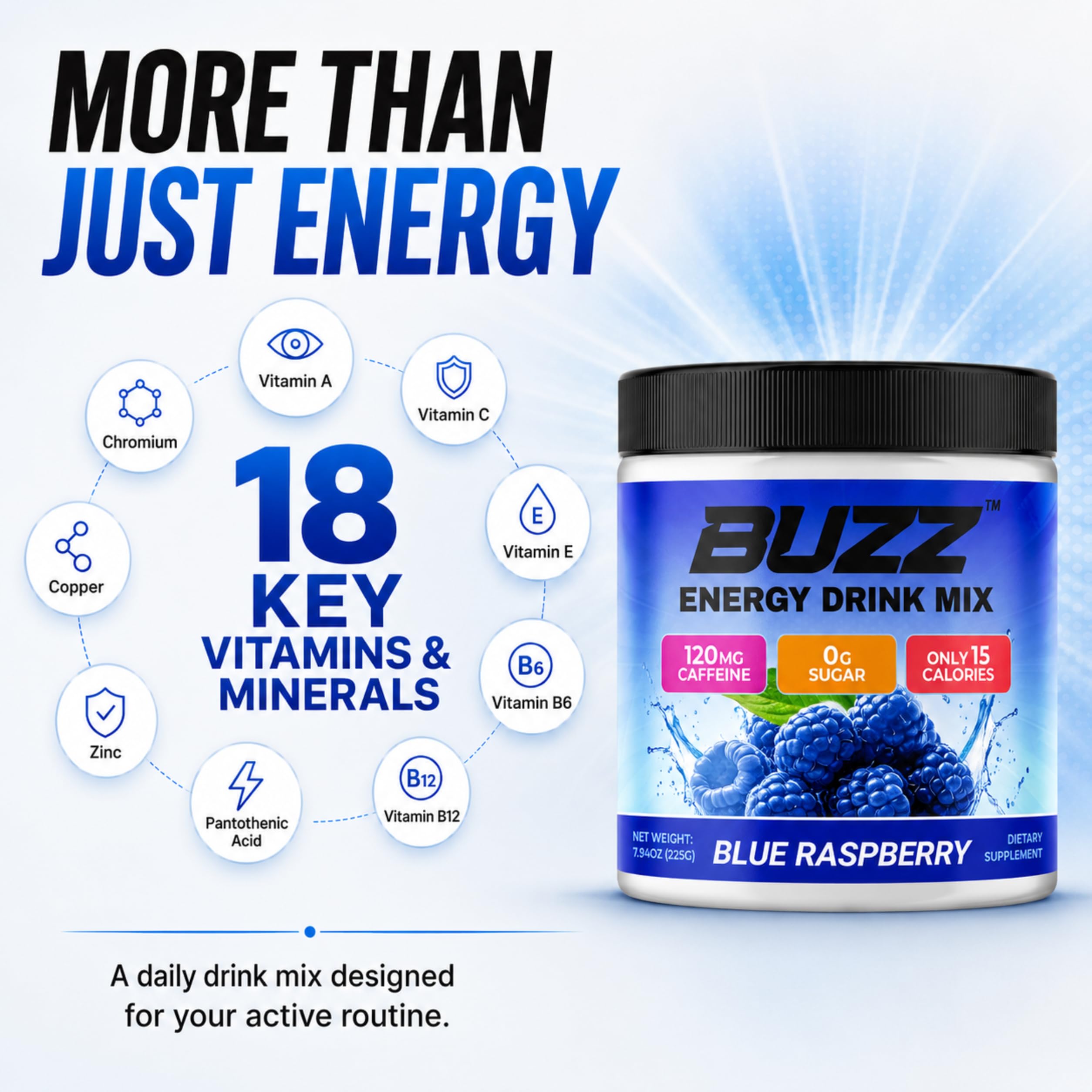 Morning Buzz etiqueta de ingredientes y vitaminas para transparencia