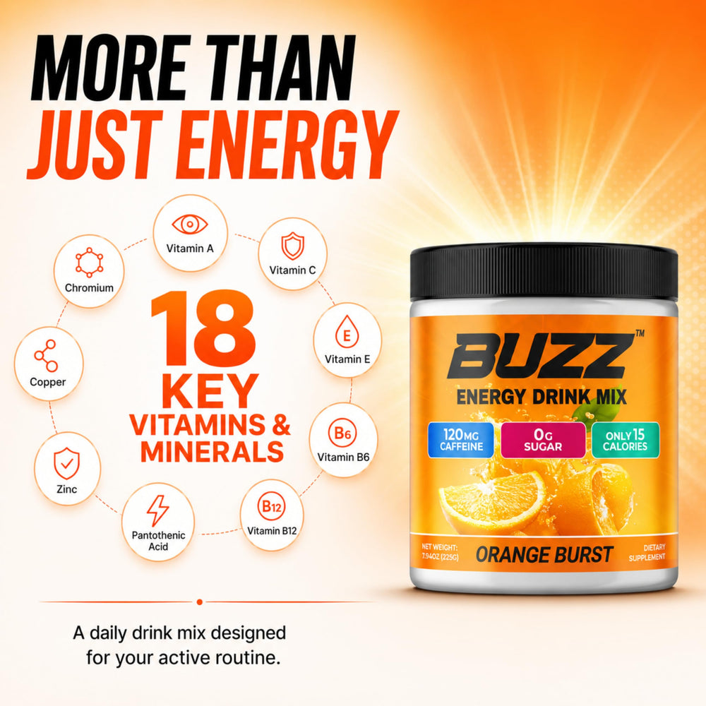 Morning Buzz etiqueta de ingredientes destacando 18 vitaminas y minerales
