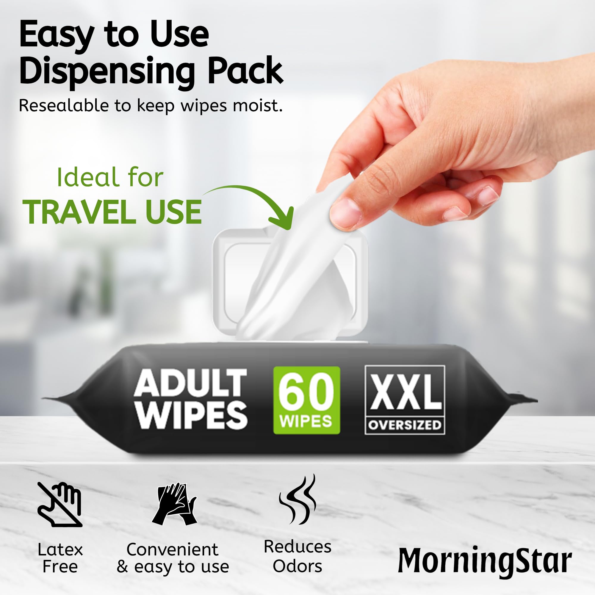Morning Star cuidador usando toallita para higiene completa sin enjuague.