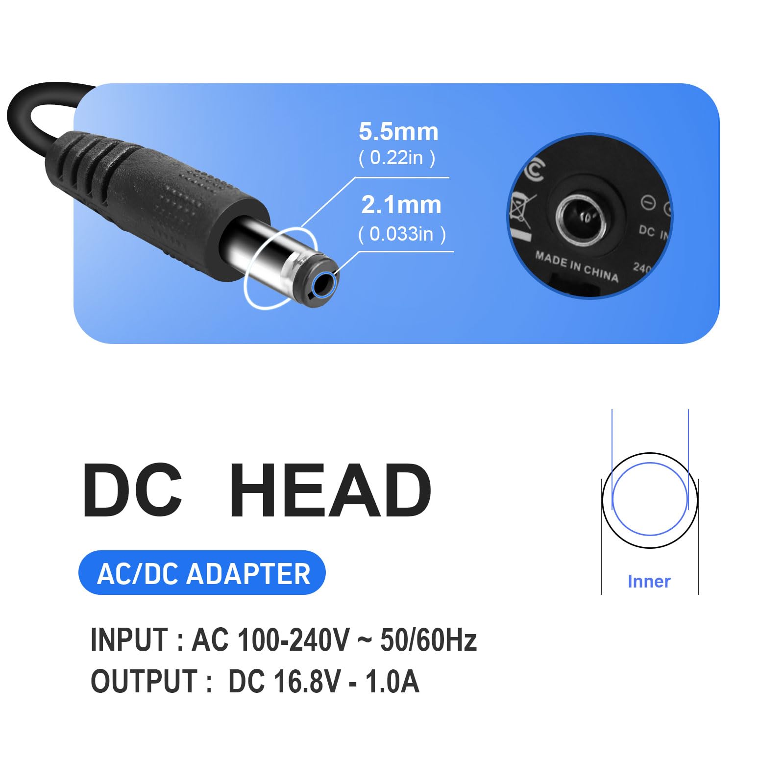 Moroxi etiqueta con especificaciones AC100-240V salida DC16.8V 1A para verificación