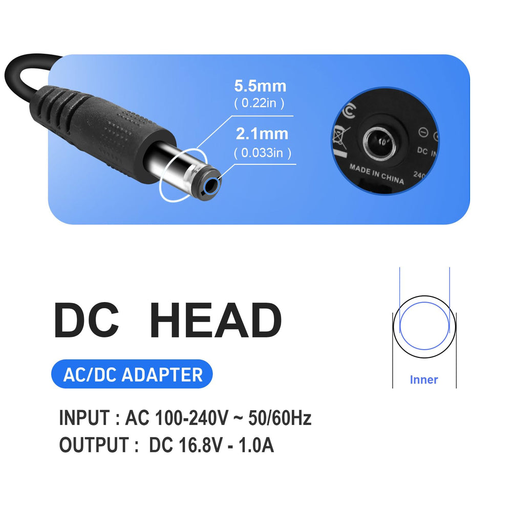 Moroxi etiqueta con especificaciones AC100-240V salida DC16.8V 1A para verificación