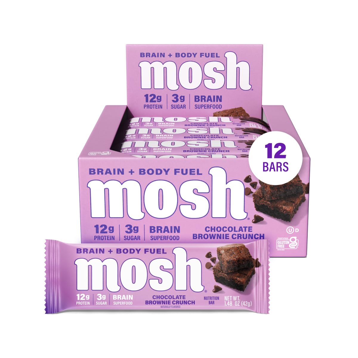 MOSH empaque frontal mostrando caja de 12 unidades y diseño atractivo