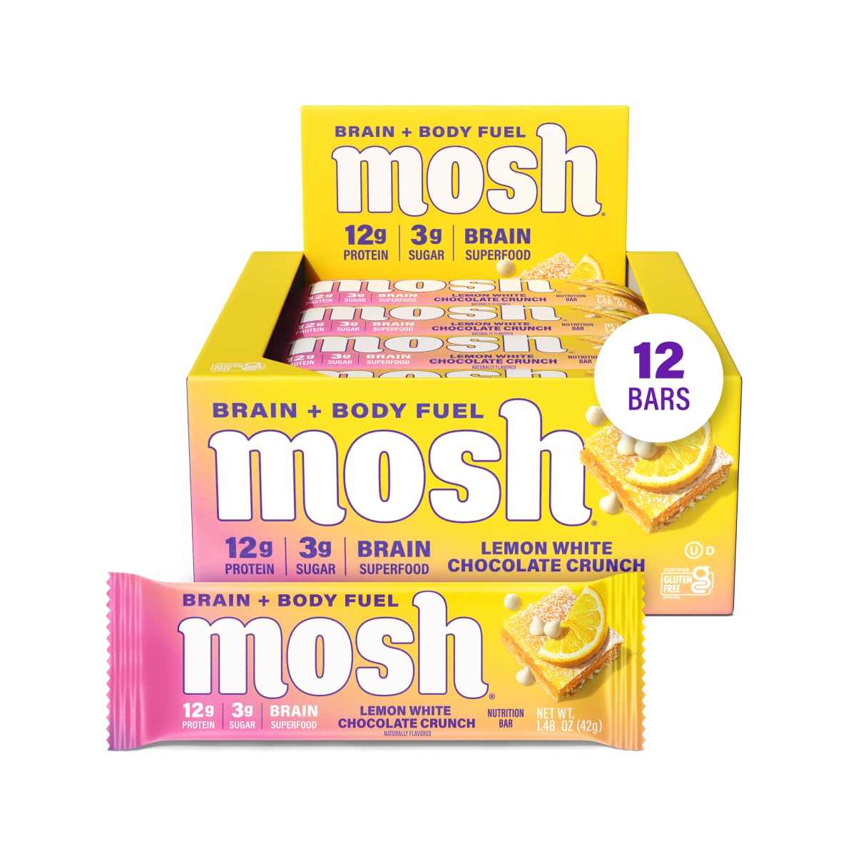 MOSH empaque frontal mostrando 12 barras y beneficios keto