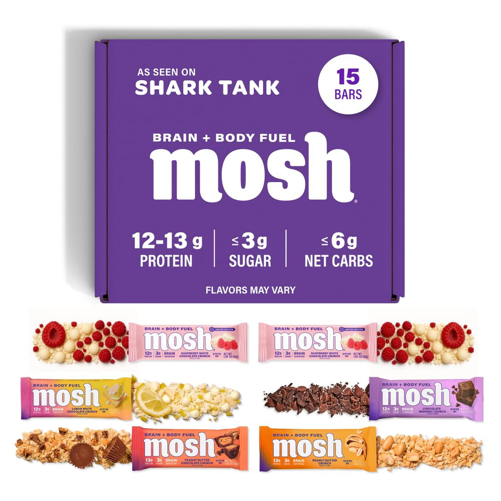 MOSH paquete frontal mostrando 15 barras, ideal como snack nutritivo