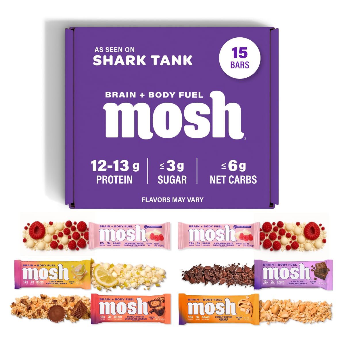 MOSH paquete frontal mostrando 15 barras, ideal como snack nutritivo