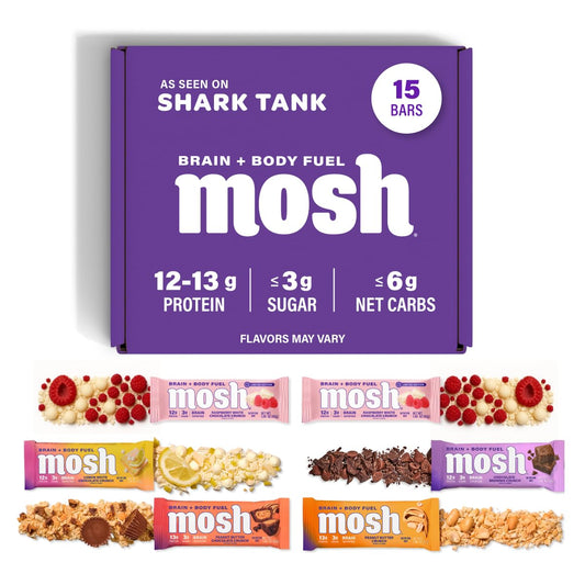 MOSH paquete frontal mostrando 15 barras, ideal como snack nutritivo