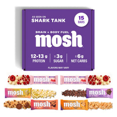 MOSH paquete frontal mostrando 15 barras, ideal como snack nutritivo