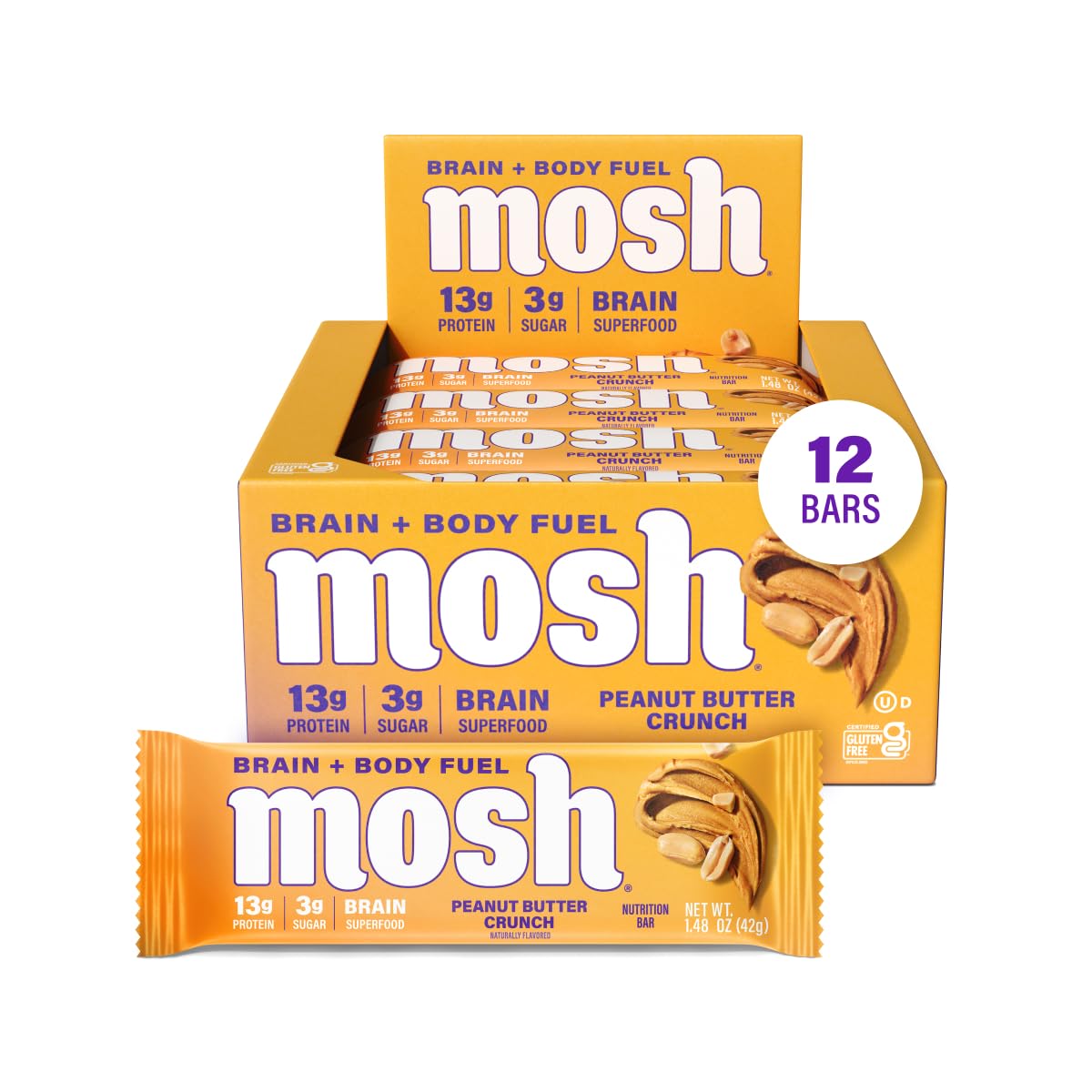 MOSH frente del empaque mostrando 12 barras y beneficios keto
