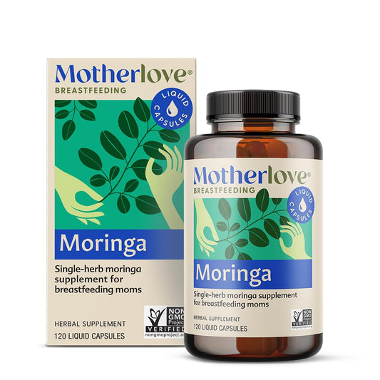 Motherlove frasco frontal mostrando etiqueta y beneficio de apoyo a la lactancia
