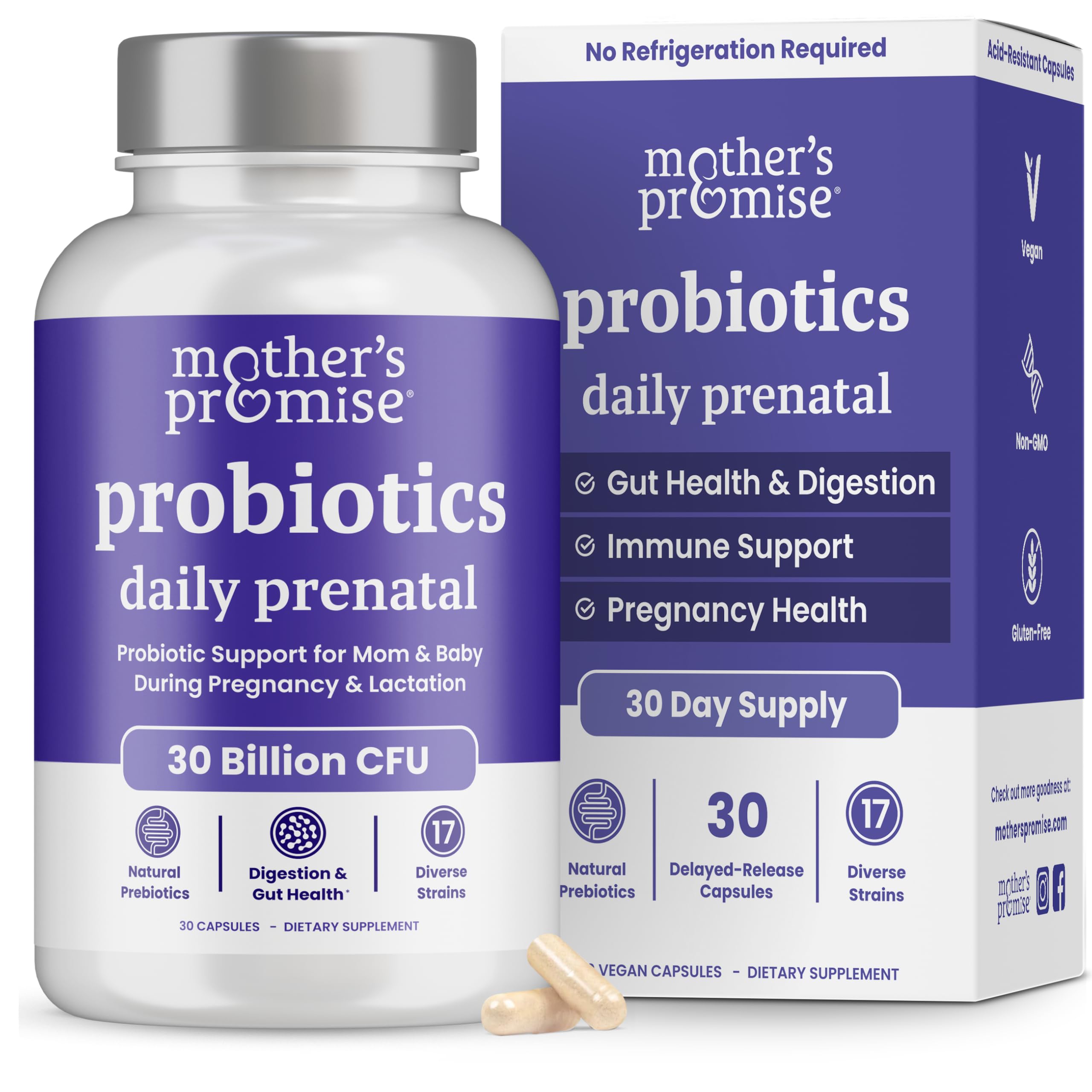 Mother's Promise frente del empaque mostrando 30 cápsulas y beneficio de apoyo prenatal