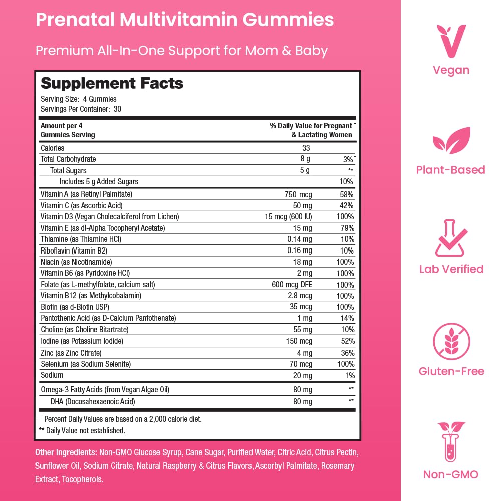 Ingredientes clave de Mother's Promise expuestos para resaltar DHA vegano y metilfolato