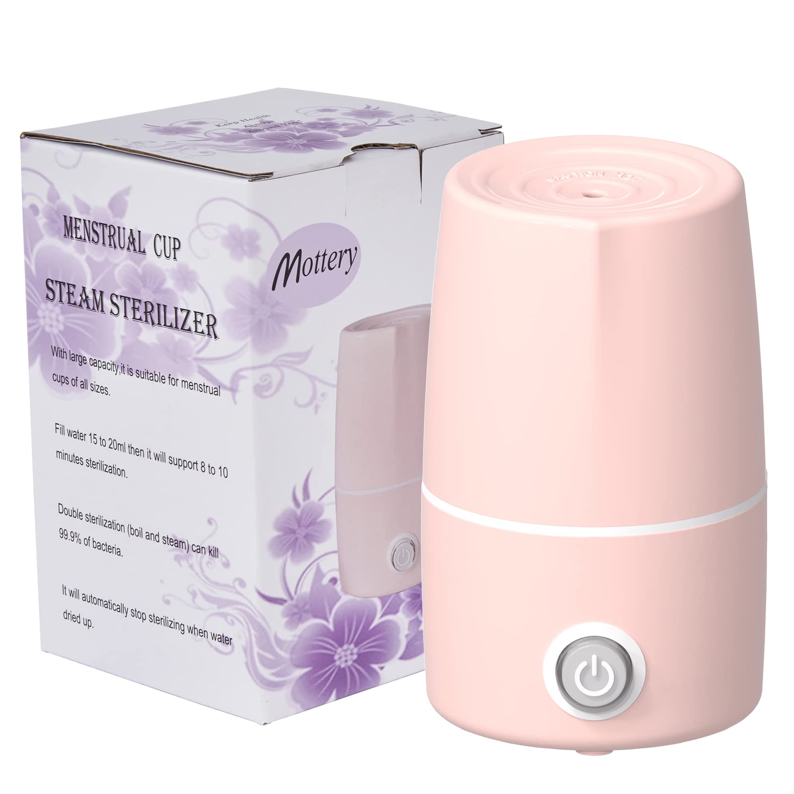 Mottery esterilizador frontal rosa mostrando diseño compacto y fácil uso