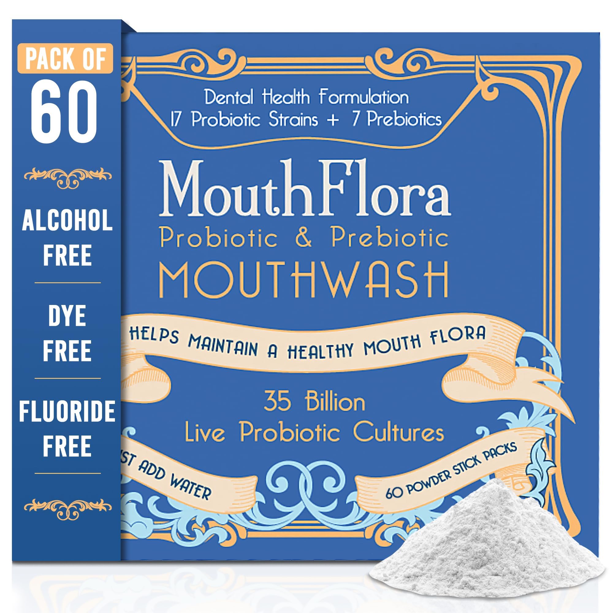 MouthFlora frente del empaque mostrando 60 sobres y facilidad de uso