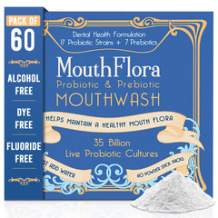 MouthFlora frente del empaque mostrando 60 sobres y facilidad de uso