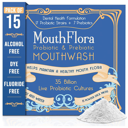MouthFlora frente del paquete mostrando 15 sobres y beneficios del producto