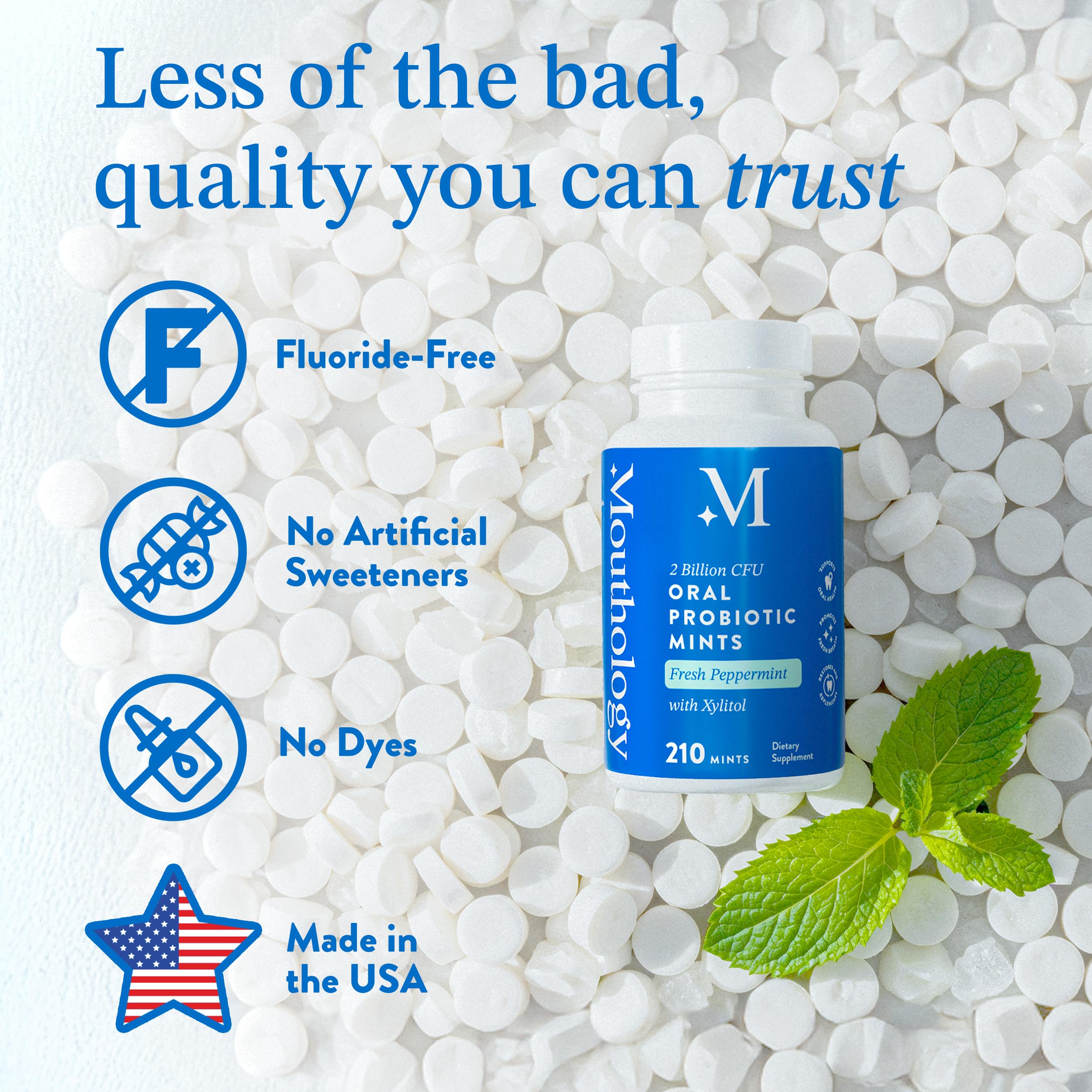 Mouthology botella abierta mostrando mints listas para consumir