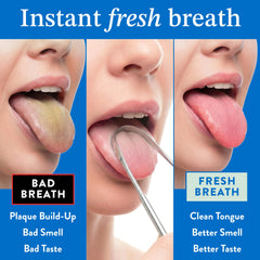 Mouthology raspador en uso sobre la lengua, elimina residuos y mejora aliento