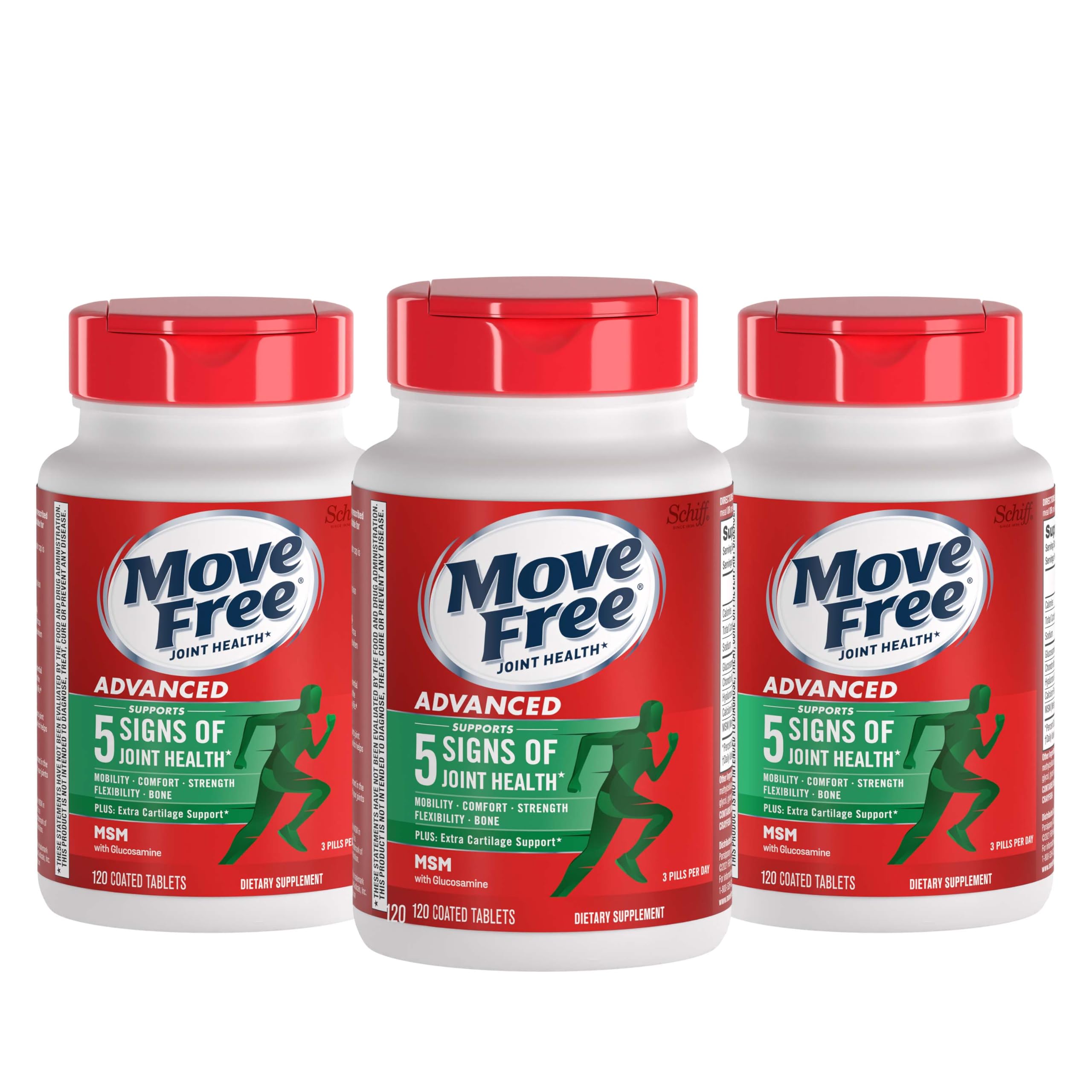 Move Free vista frontal del paquete que destaca fórmula avanzada y beneficios