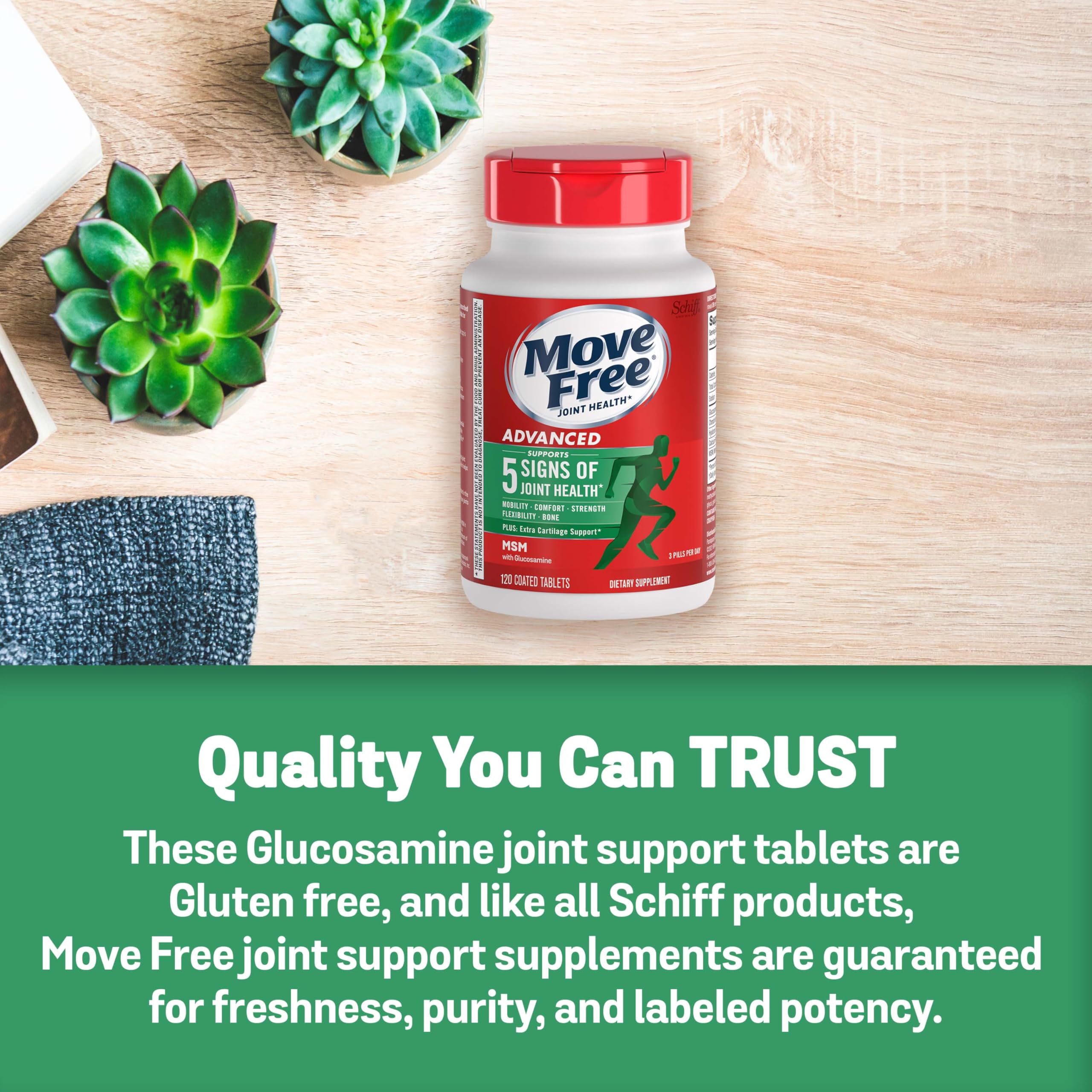 Move Free tabletas junto a glucosamina y MSM como representación de ingredientes